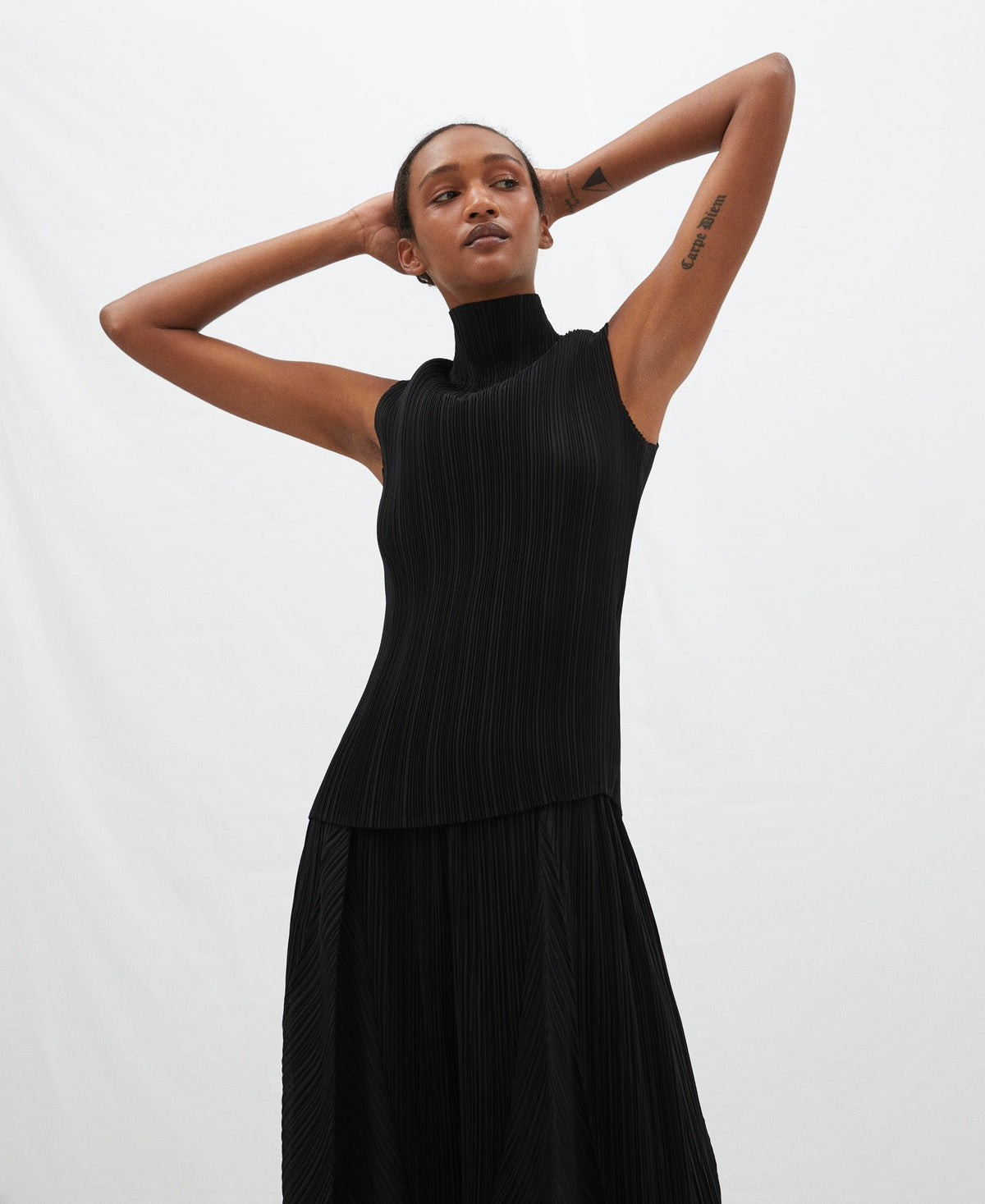 Black Perkins Collar Crinkle Top