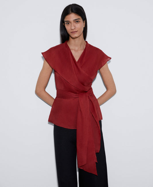 Red Cropped Shawl Top With Shawl Collar