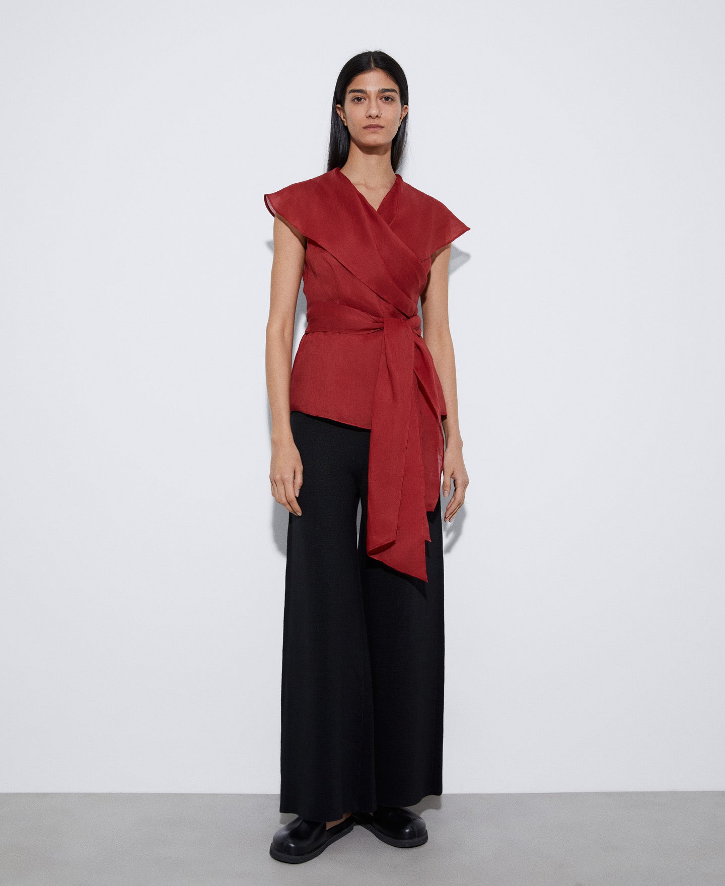 Red Cropped Shawl Top With Shawl Collar