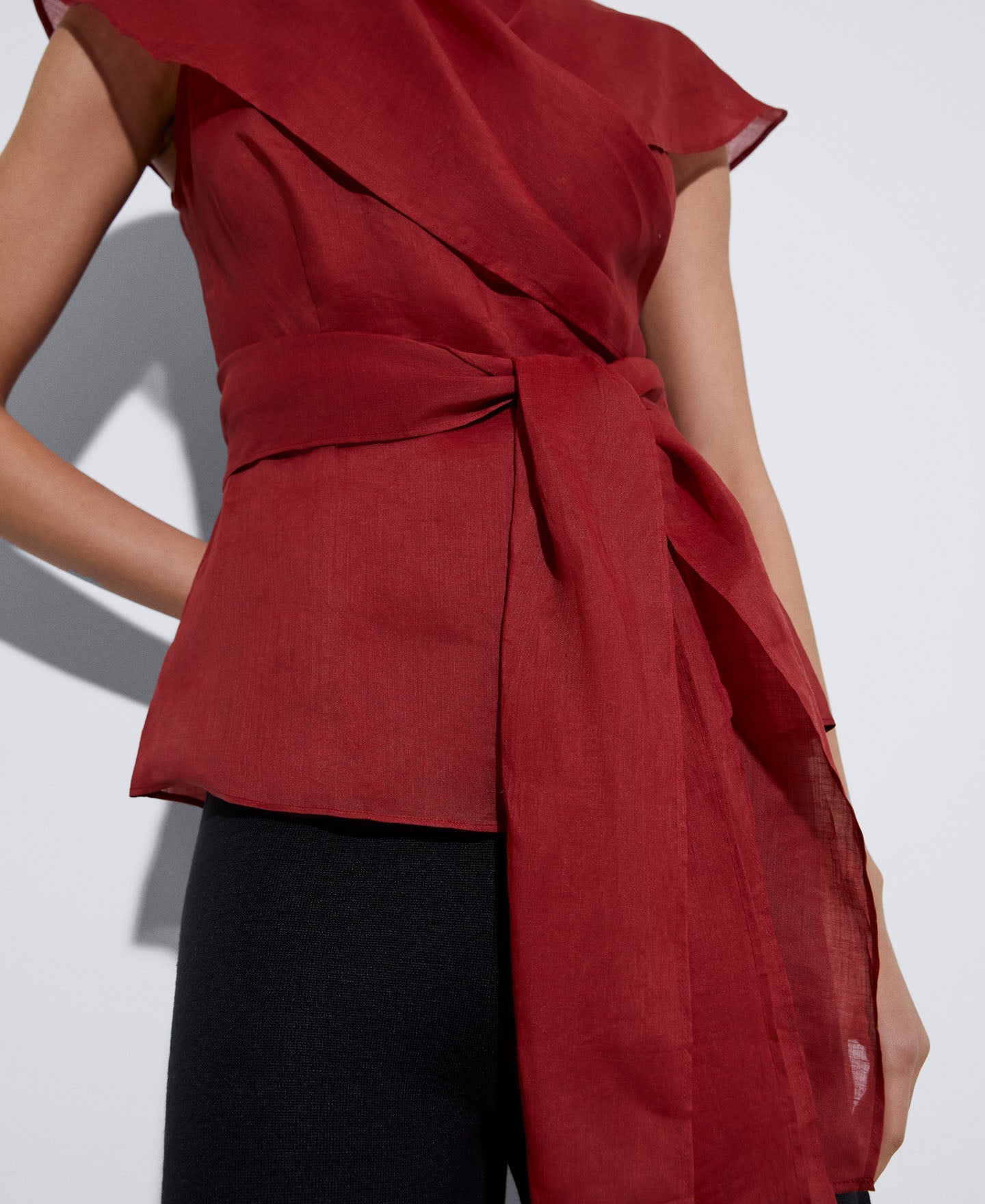 Red Cropped Shawl Top With Shawl Collar