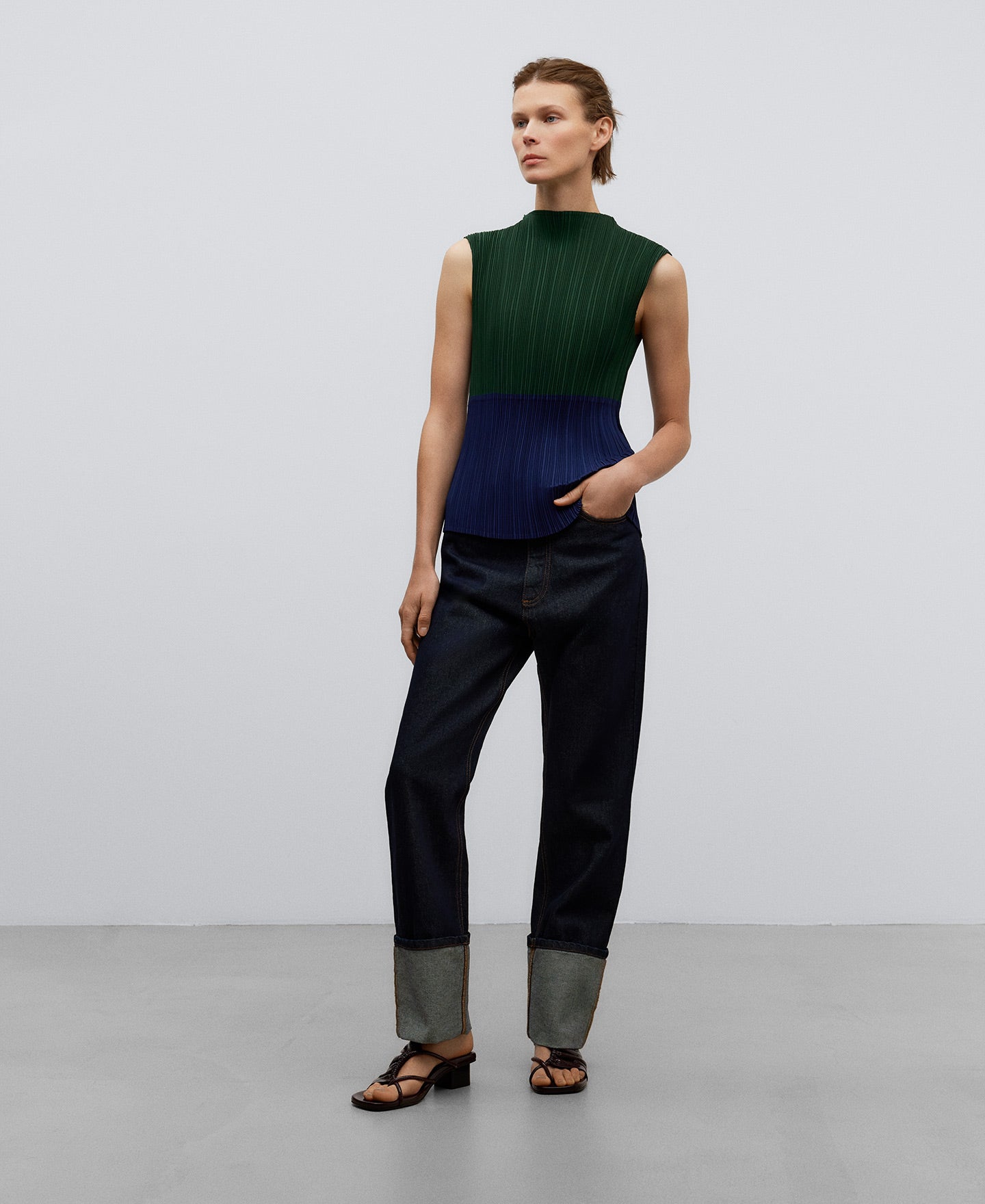 Navy Blue Crinkle Two-Tone Top