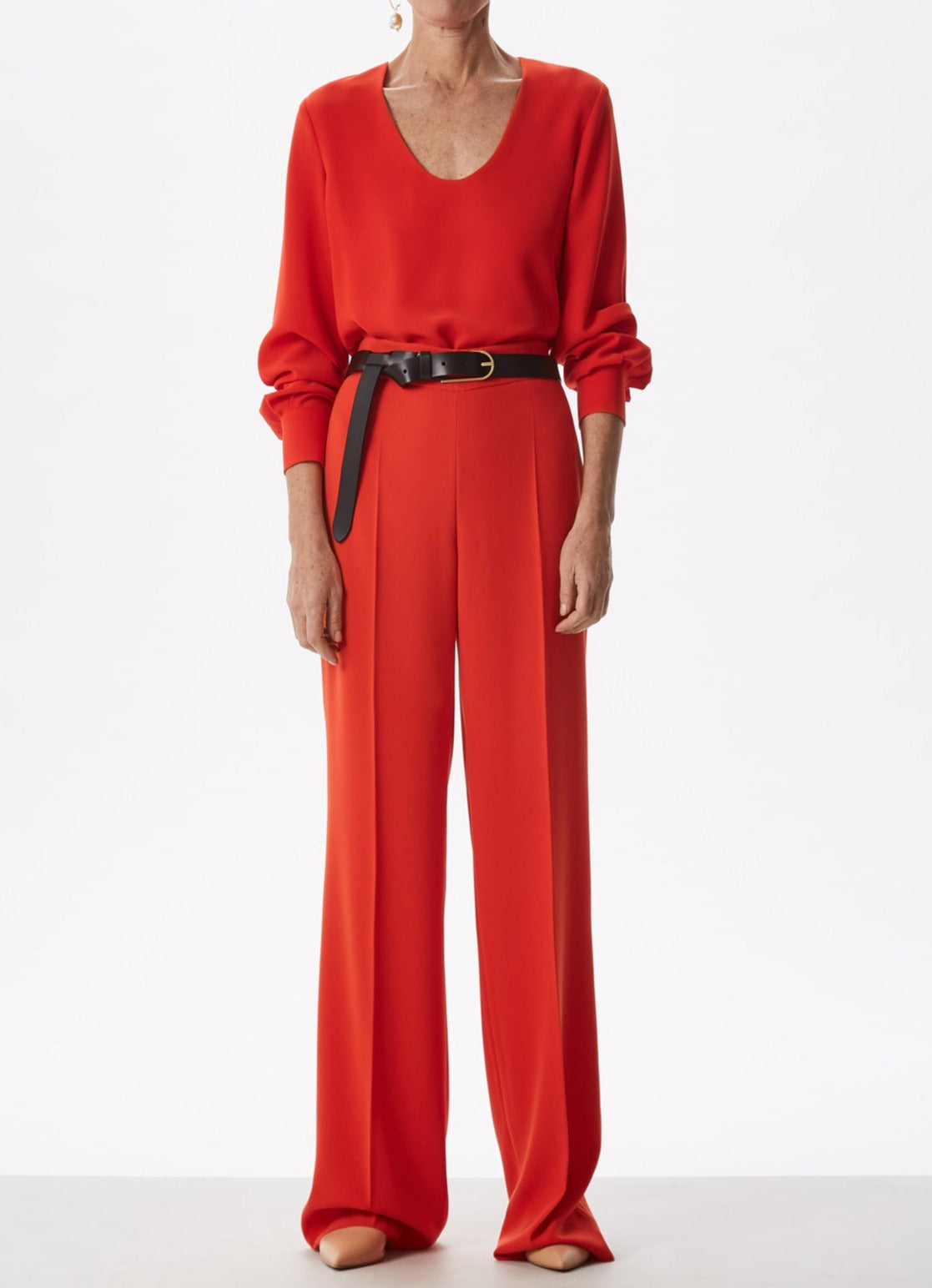 Red Round Collar Blouse With Buttoned Cuffs