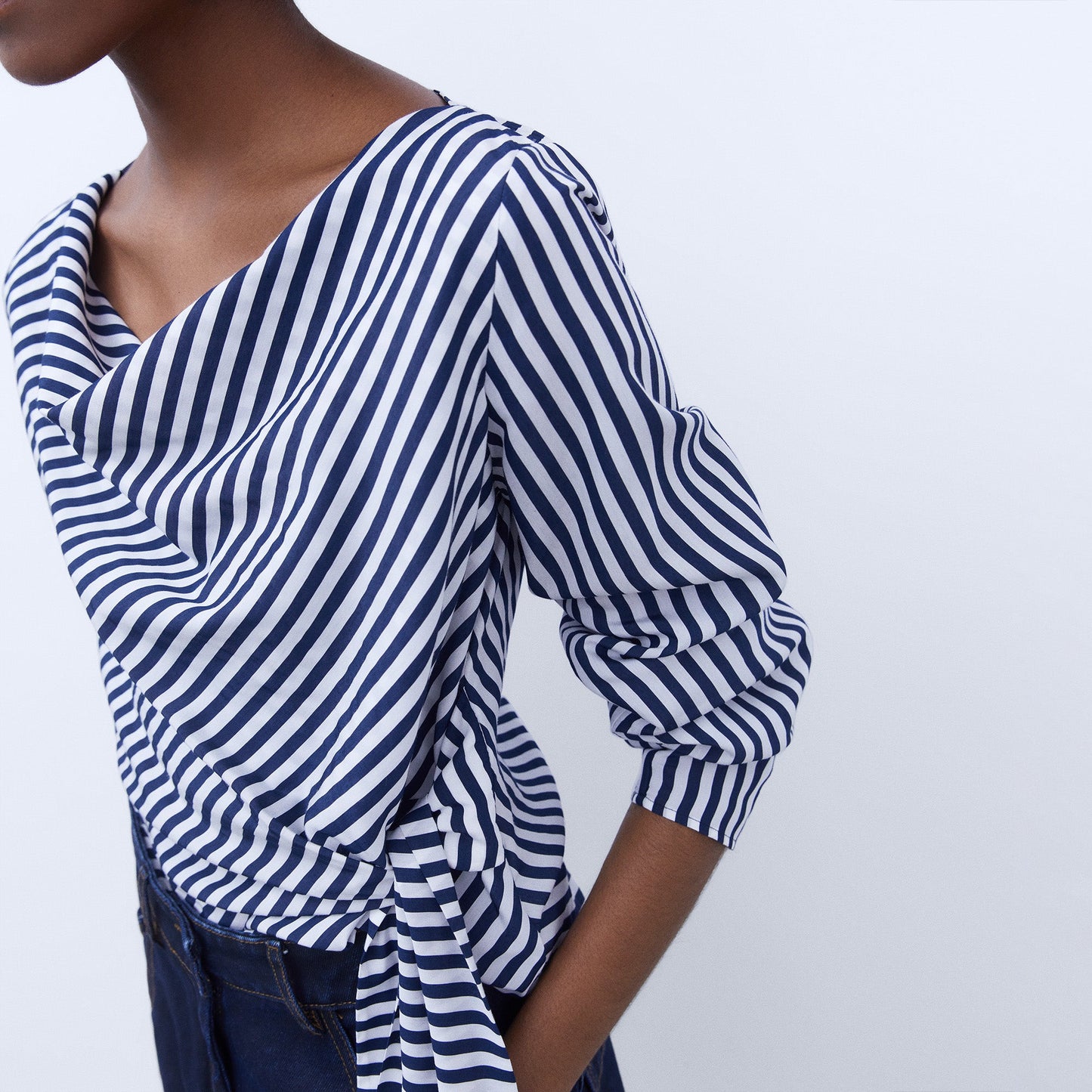 Striped Draped Neckline Shirt
