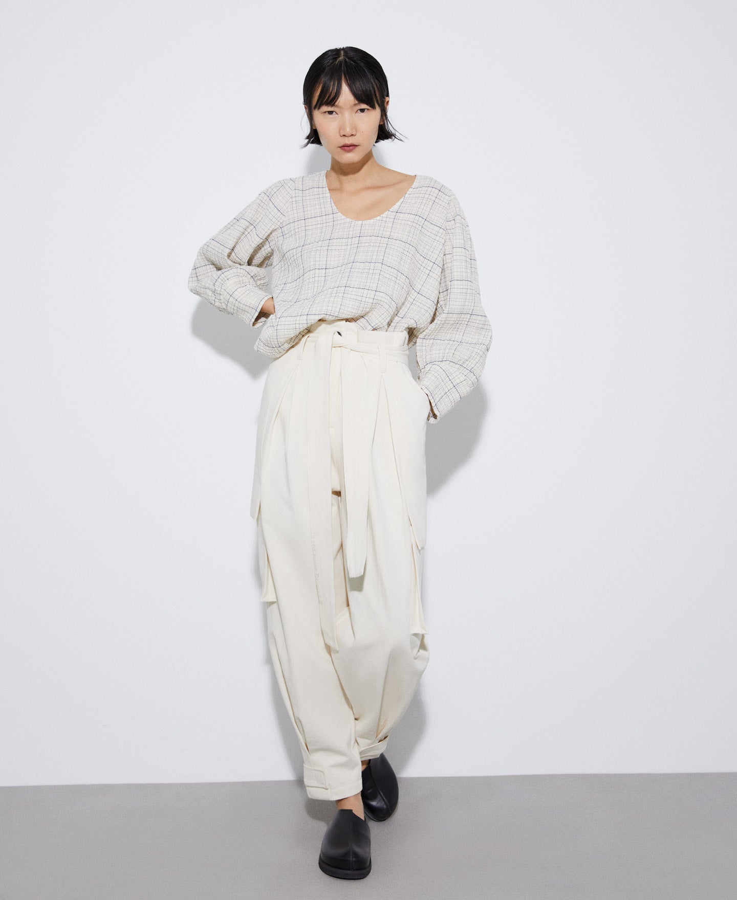 Black Check Round Neckline Cotton Blouse