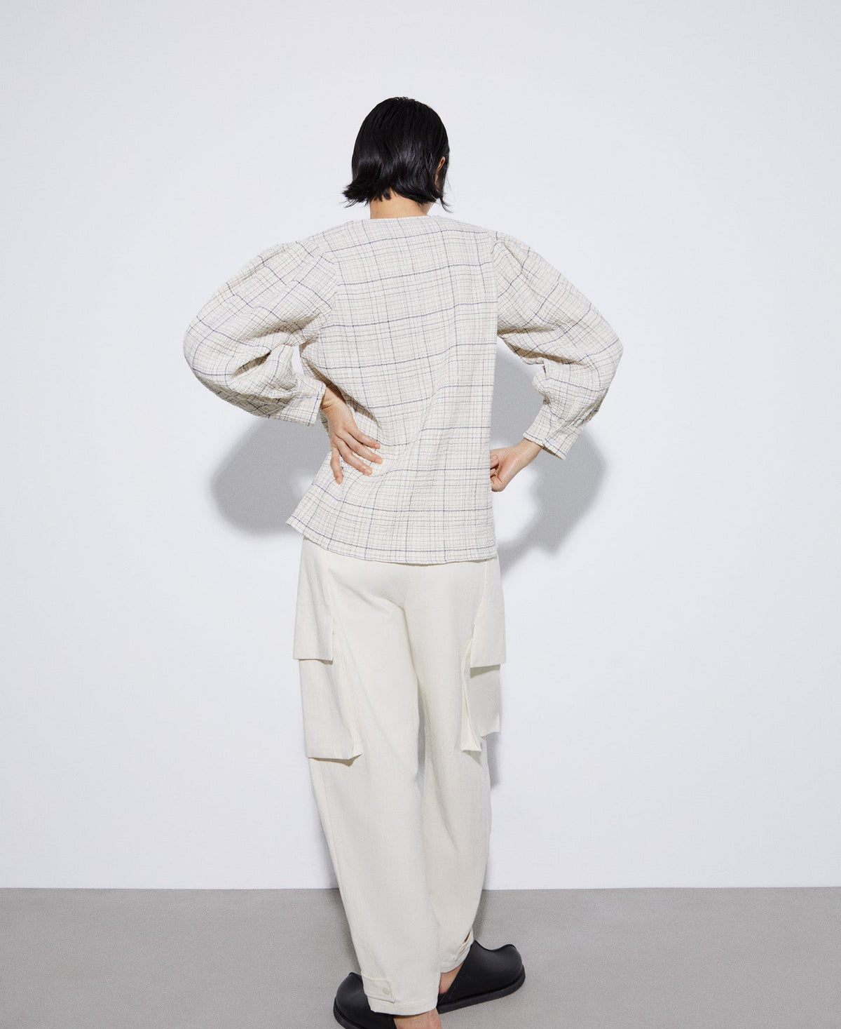 Black Check Round Neckline Cotton Blouse