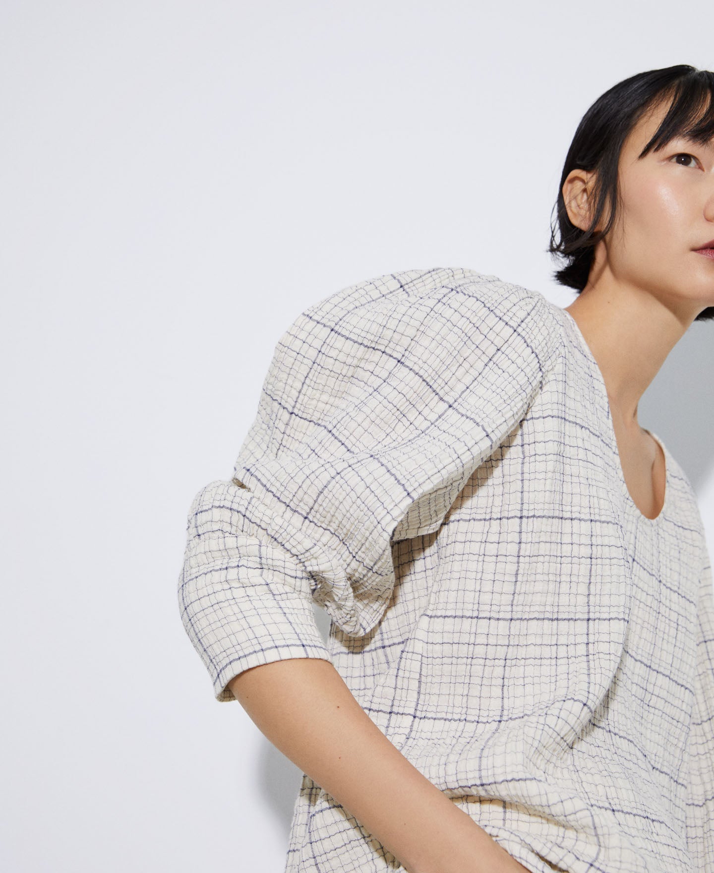 Black Check Round Neckline Cotton Blouse