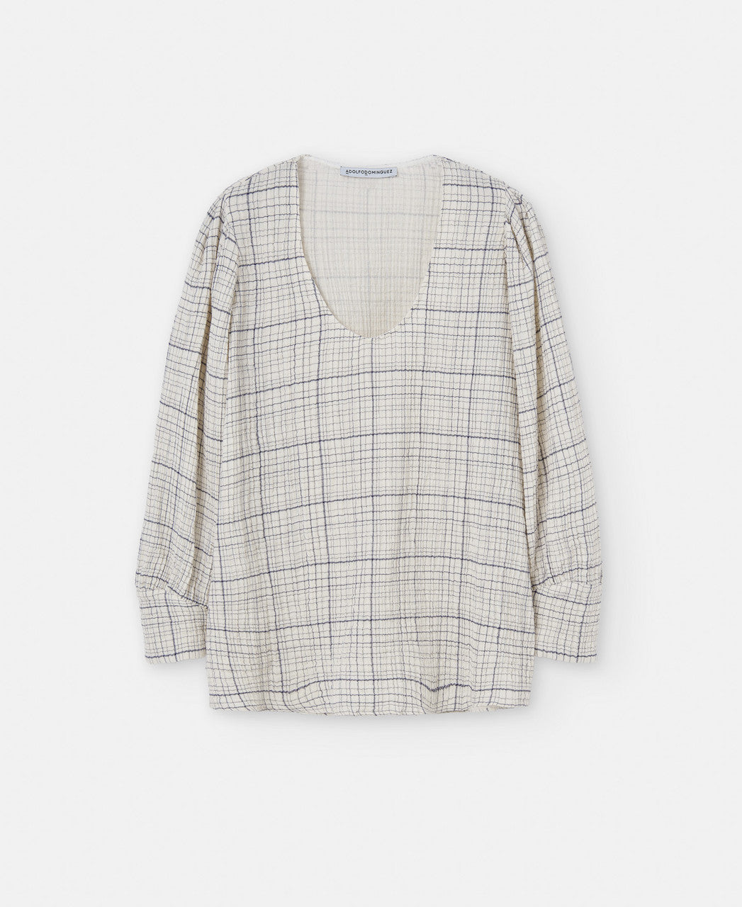 Black Check Round Neckline Cotton Blouse