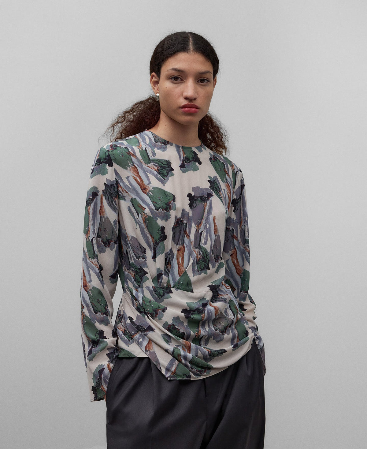Flower Stamped Printed Top With Draped Waist