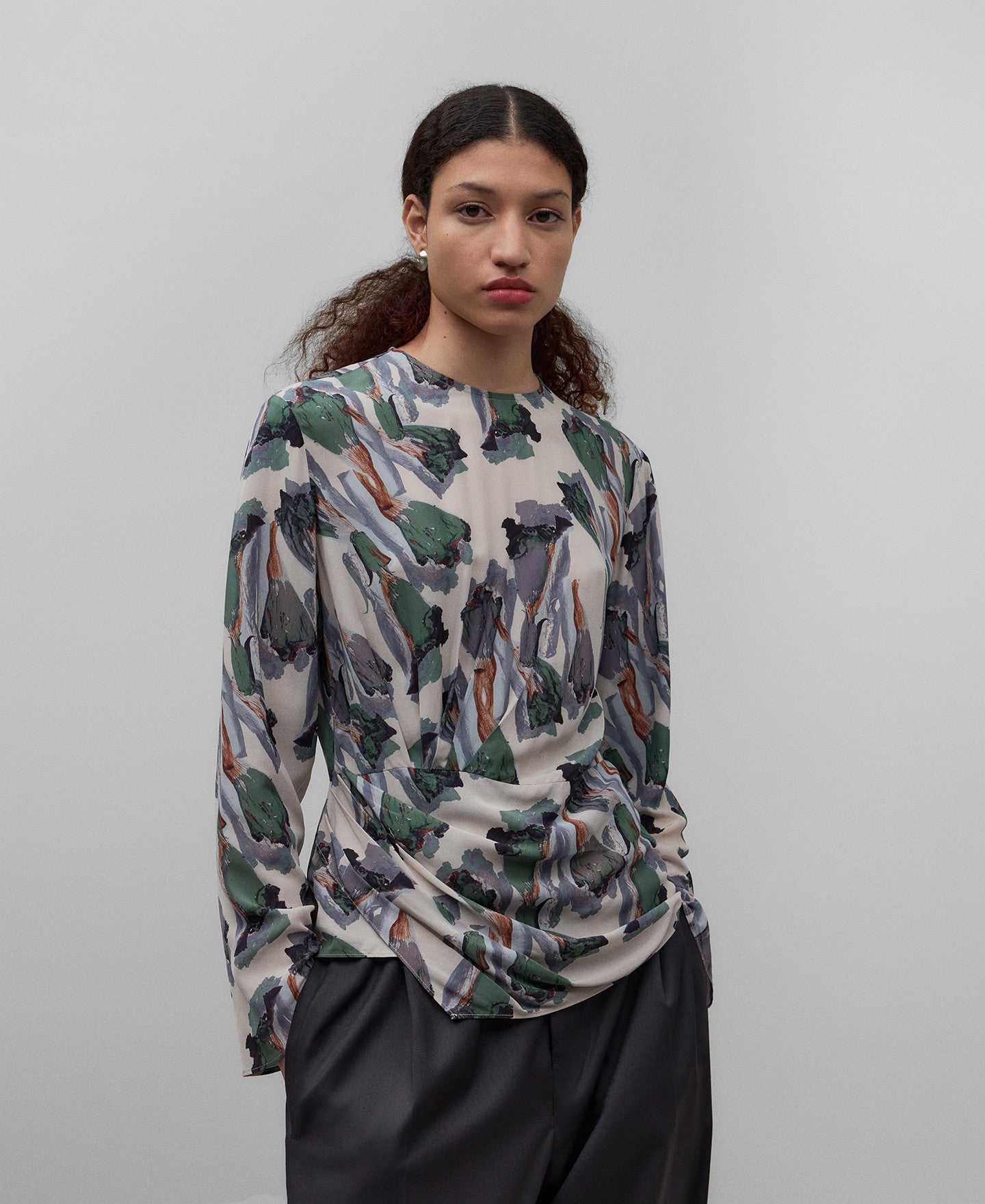 Flower Stamped Printed Top With Draped Waist