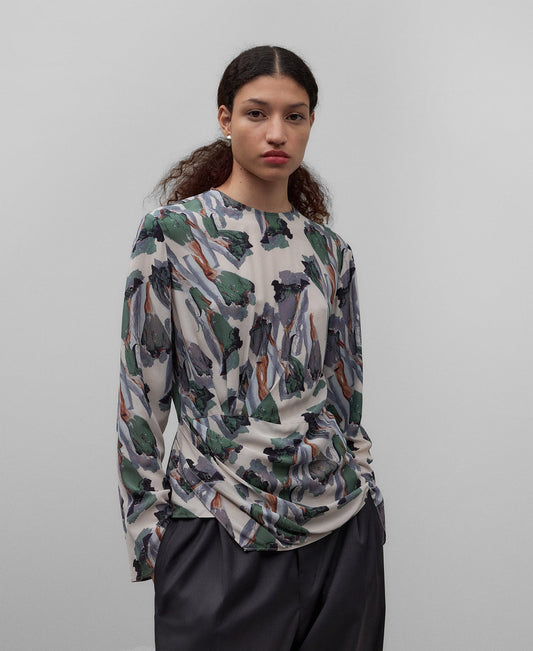 Flower Stamped Printed Top With Draped Waist