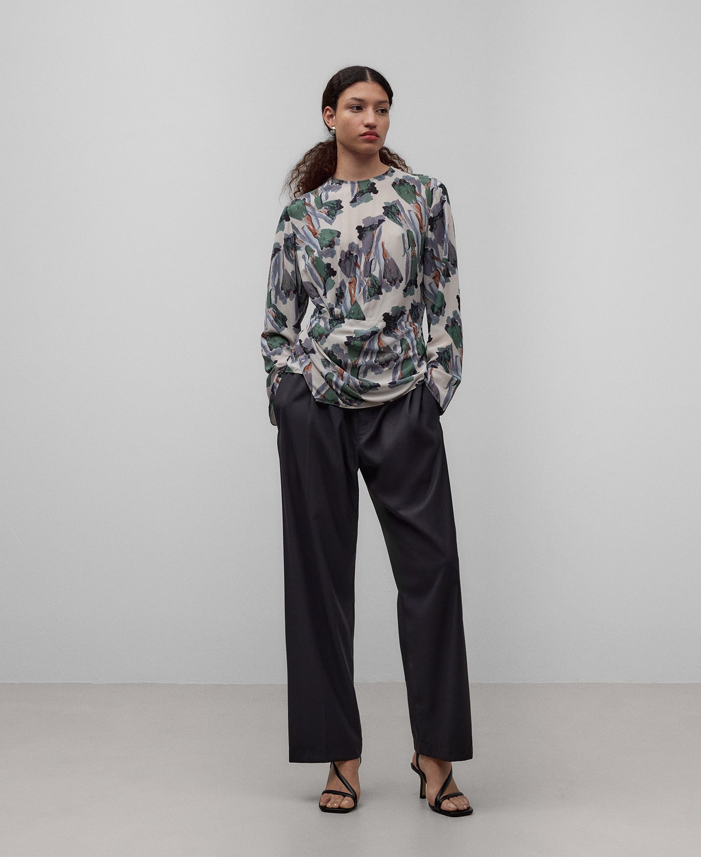 Flower Stamped Printed Top With Draped Waist