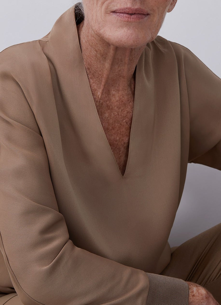 Brown Viscose Blouse With Elastic Hem