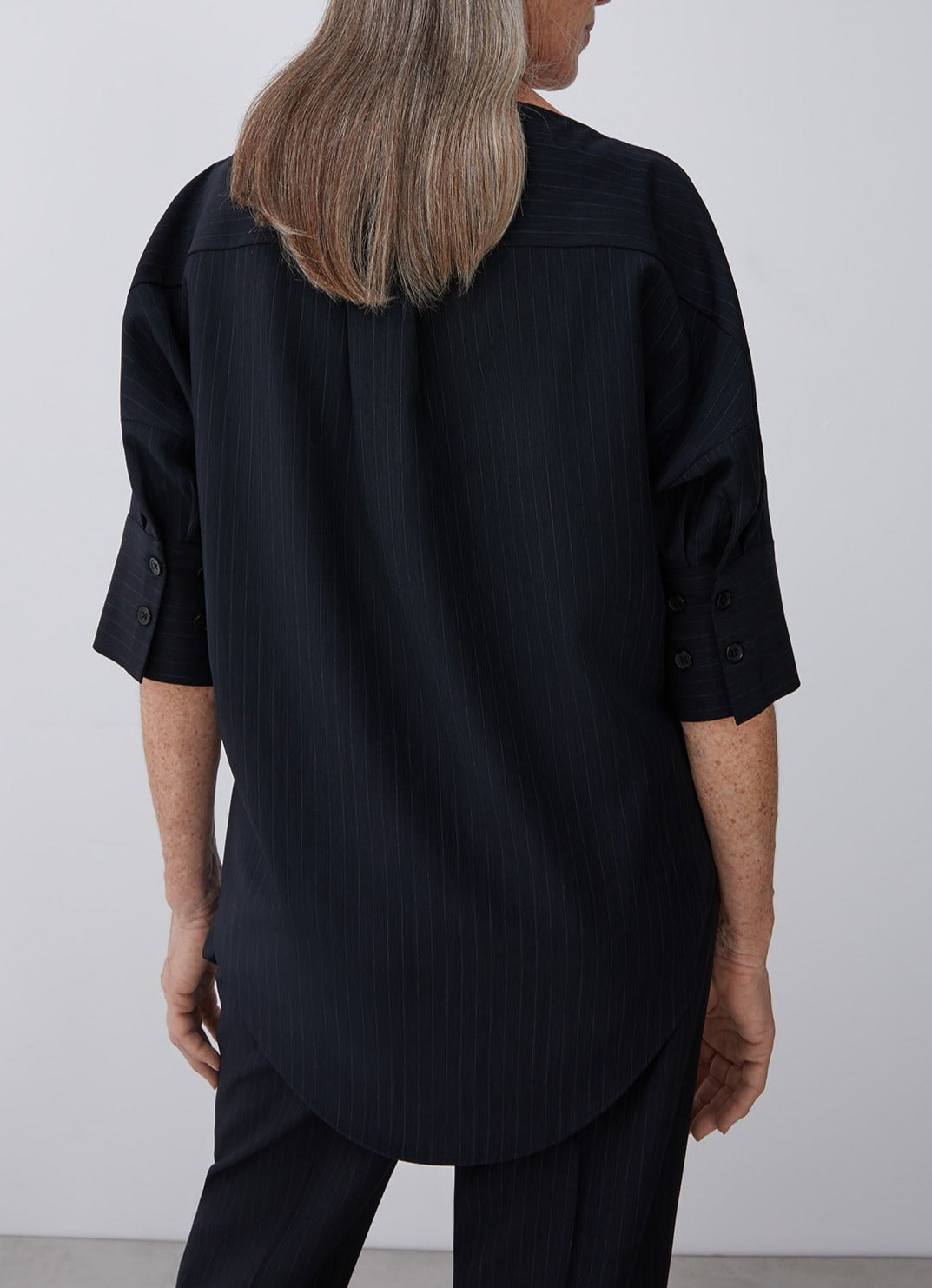 Blue Pinstriped Blouse With Elbow Sleeve