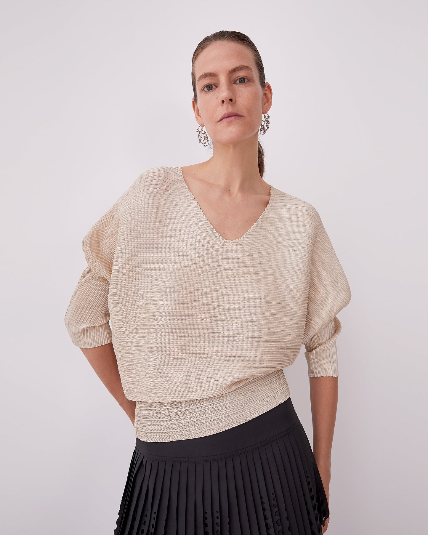 Grey Crinkle Sweatshirt With V-Neckline