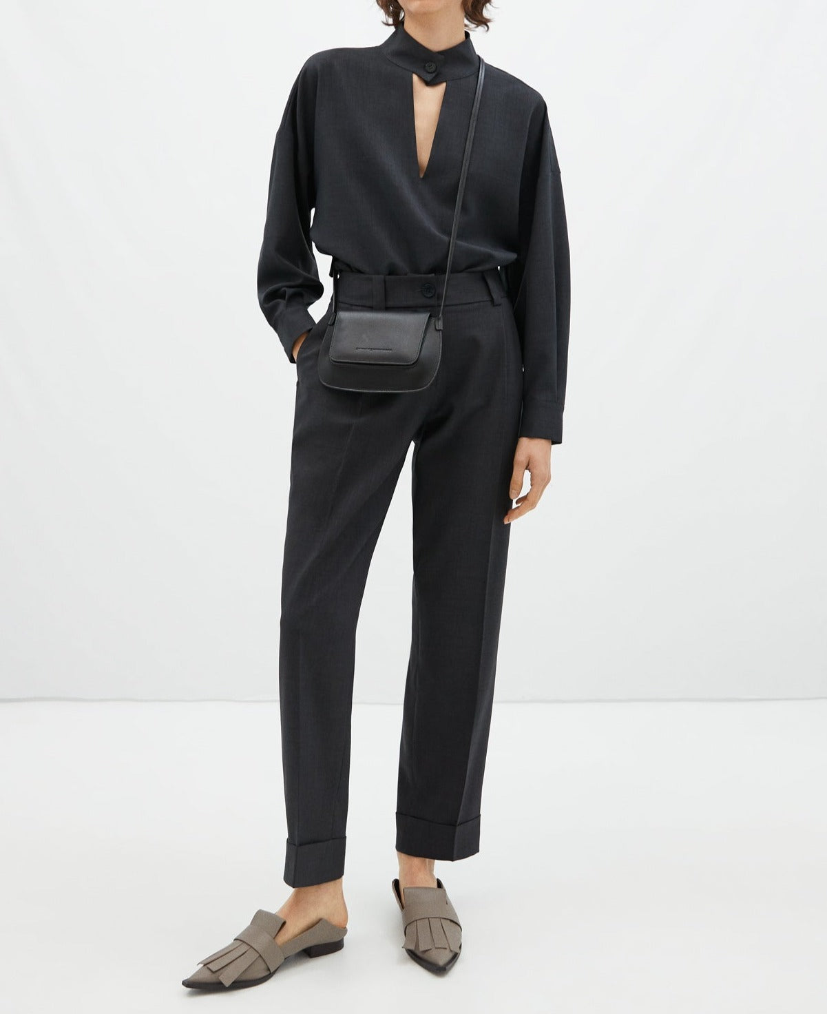 Grey Blouse, Mao Neckline, V-Neck