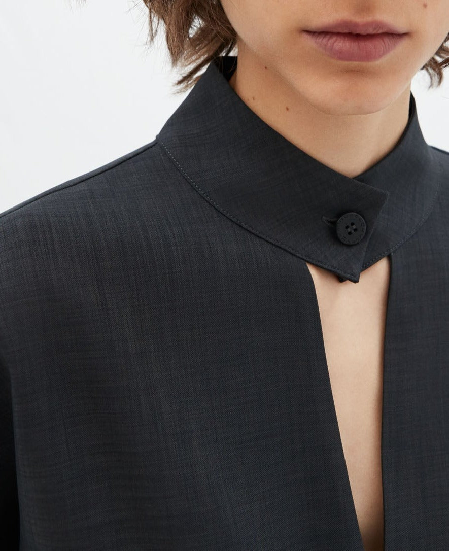 Grey Blouse, Mao Neckline, V-Neck