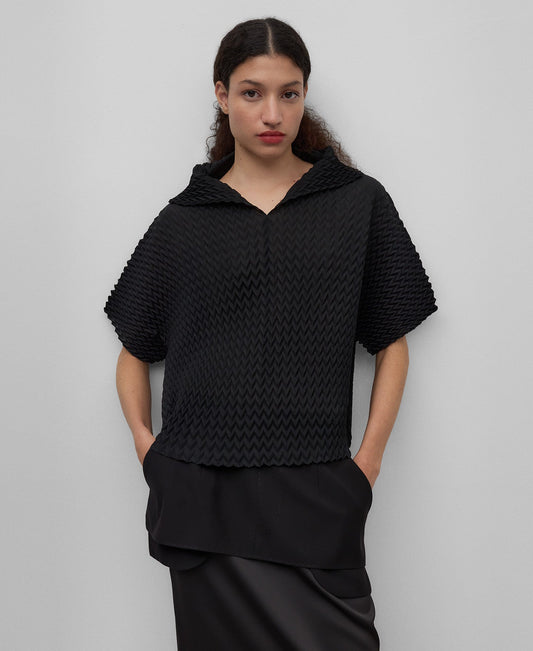 Black Zigzag Crinkle Polo Shirt