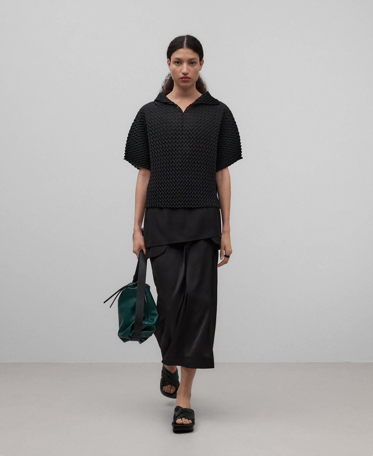 Black Zigzag Crinkle Polo Shirt