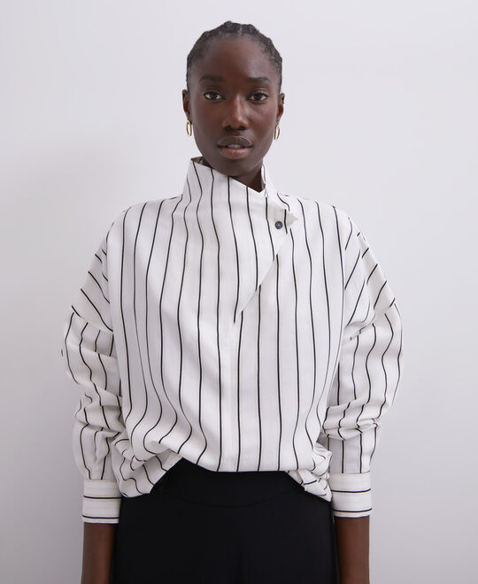 White Print Striped Shirt Lapel Collar