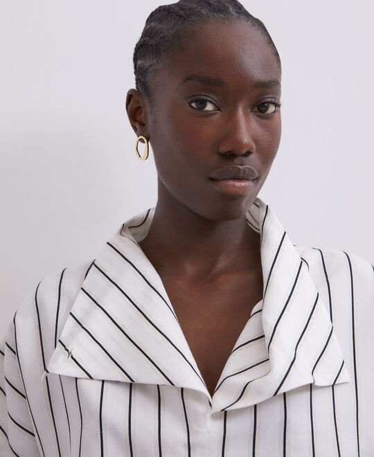White Print Striped Shirt Lapel Collar
