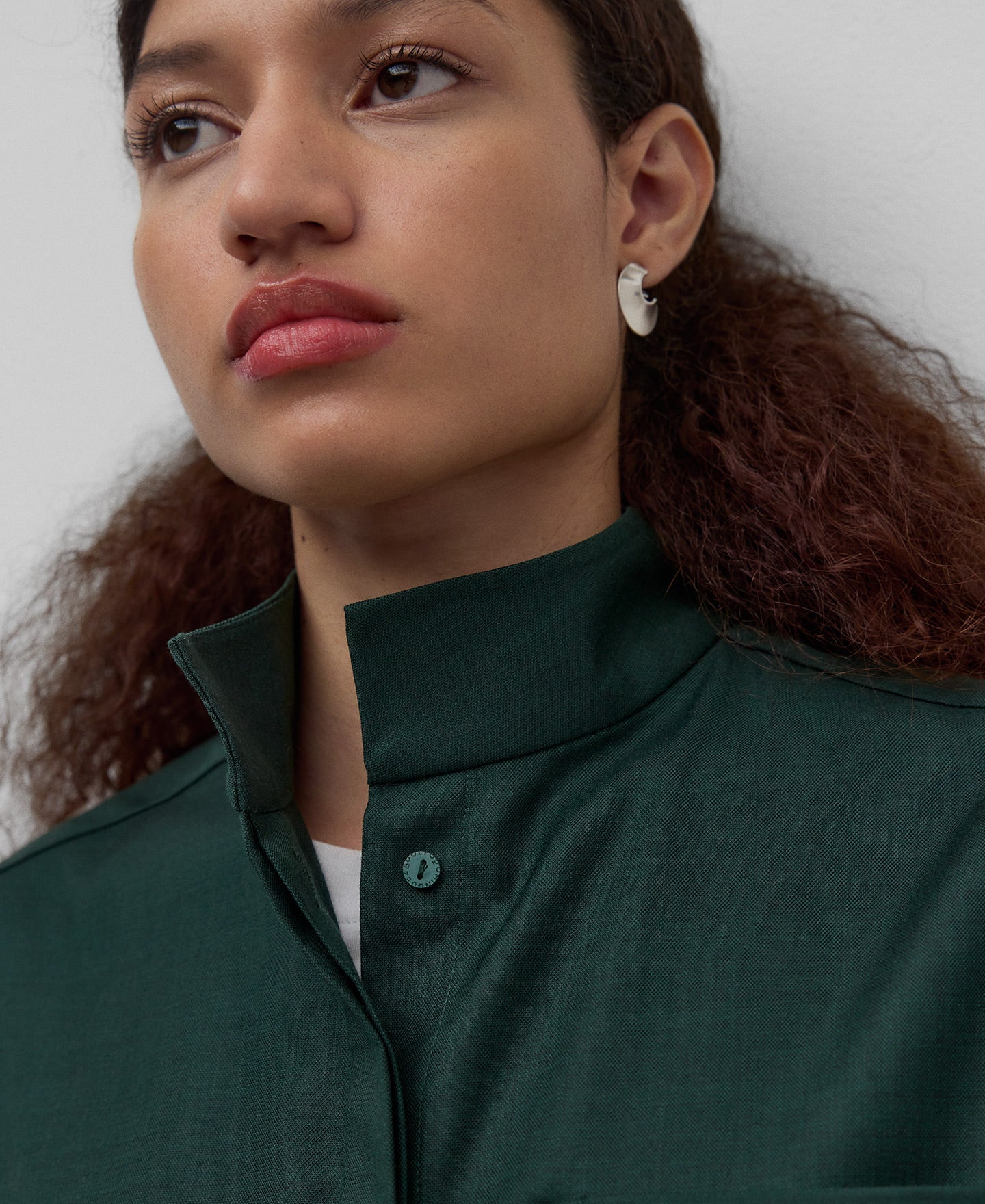Dark green mandarin collar shirt woman in dark green