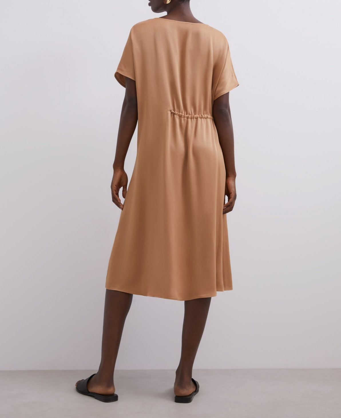 Camel Viscose Midi Dress With Gathered Detail
