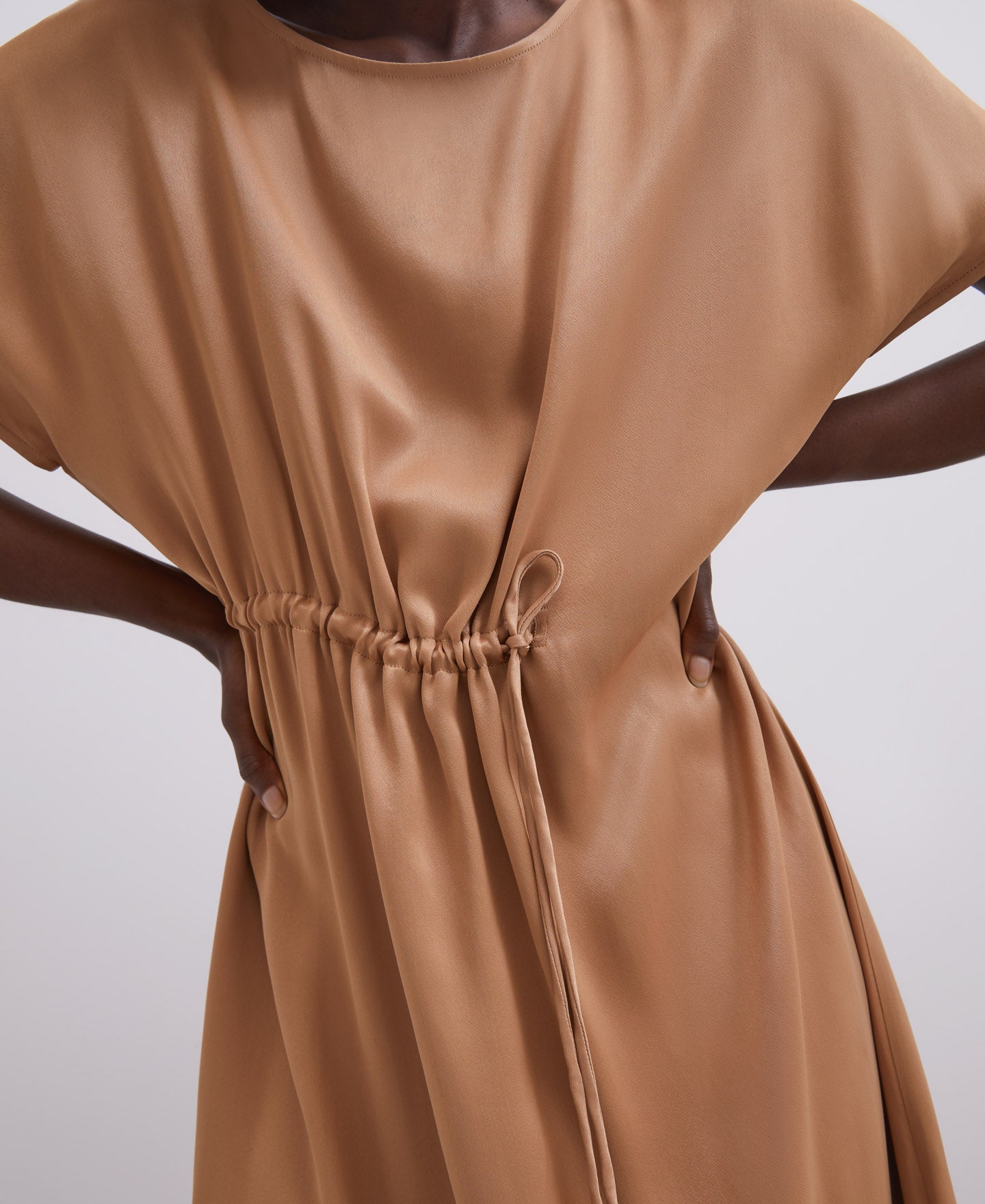 Camel Viscose Midi Dress With Gathered Detail
