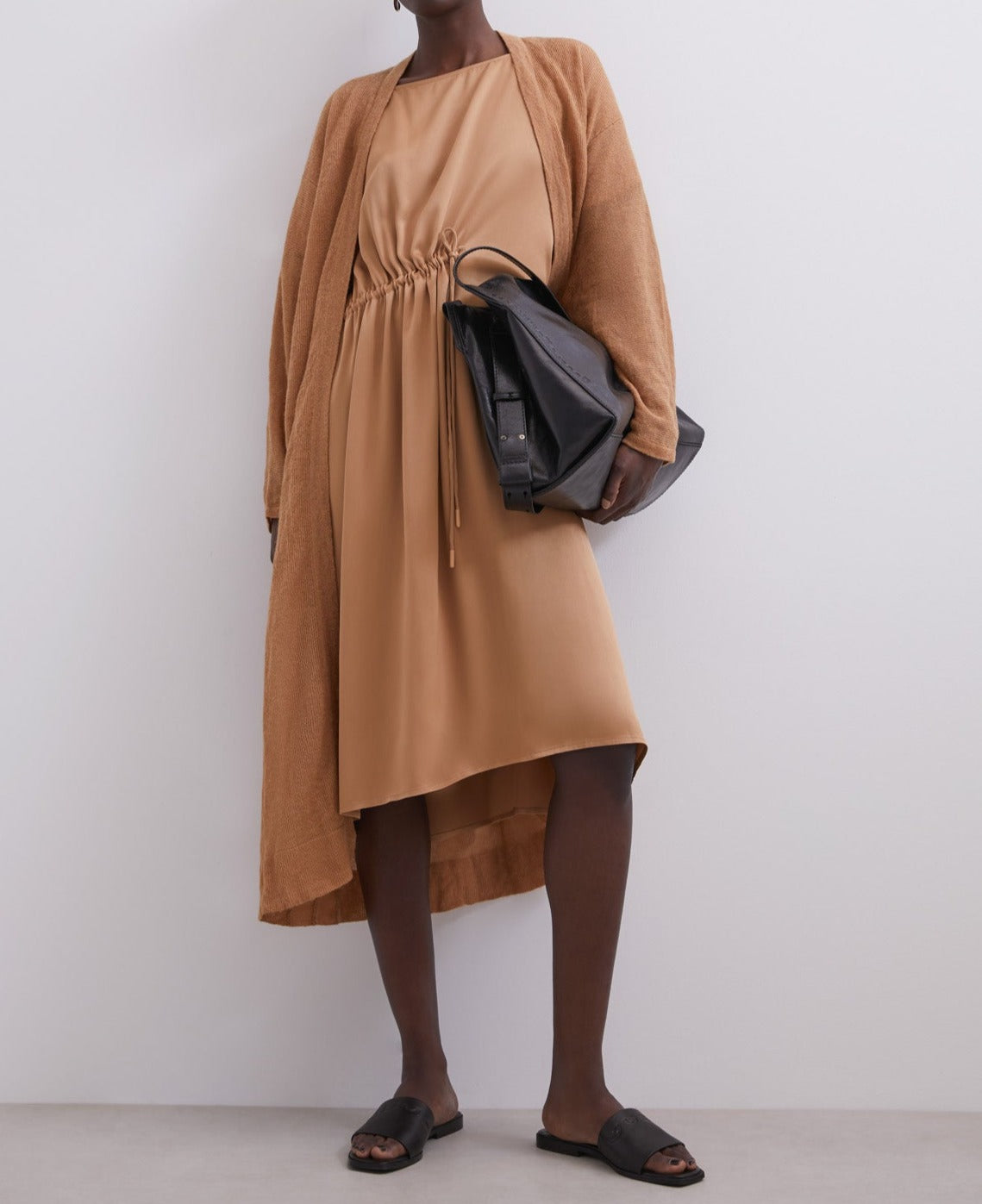 Camel Viscose Midi Dress With Gathered Detail
