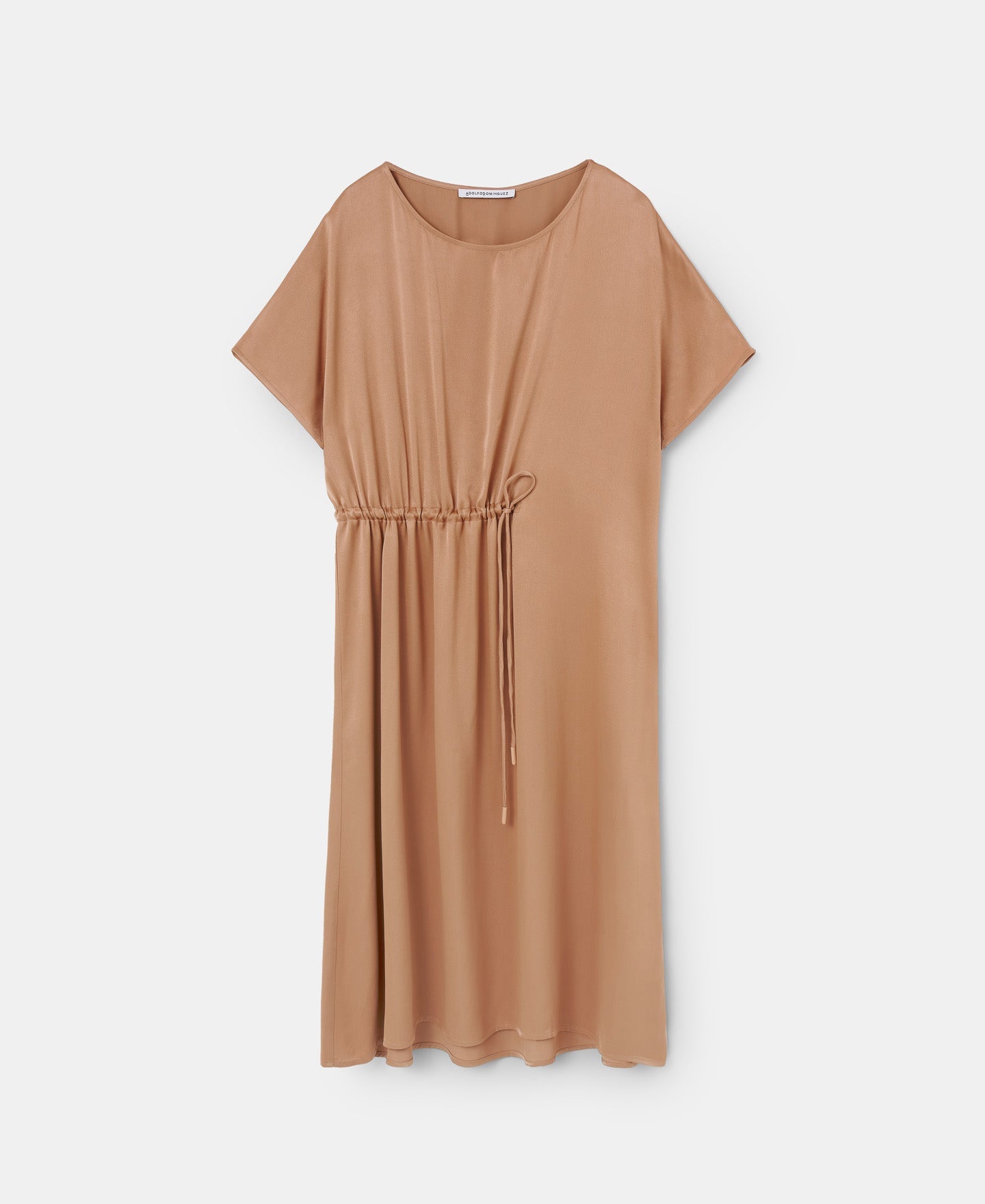 Camel Viscose Midi Dress With Gathered Detail