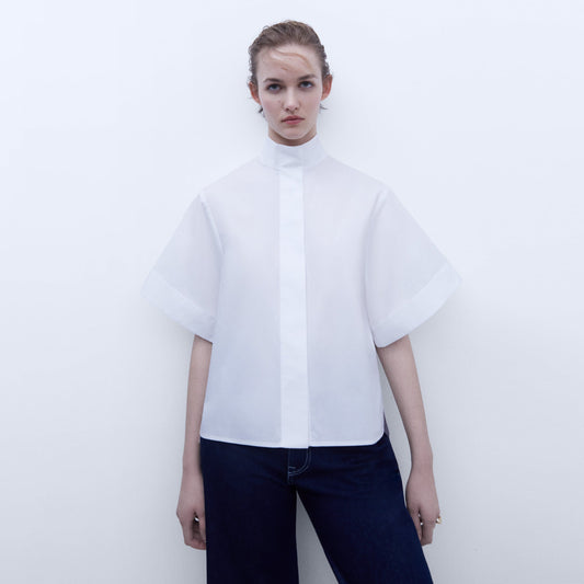 White Mandarin Collar Shirt