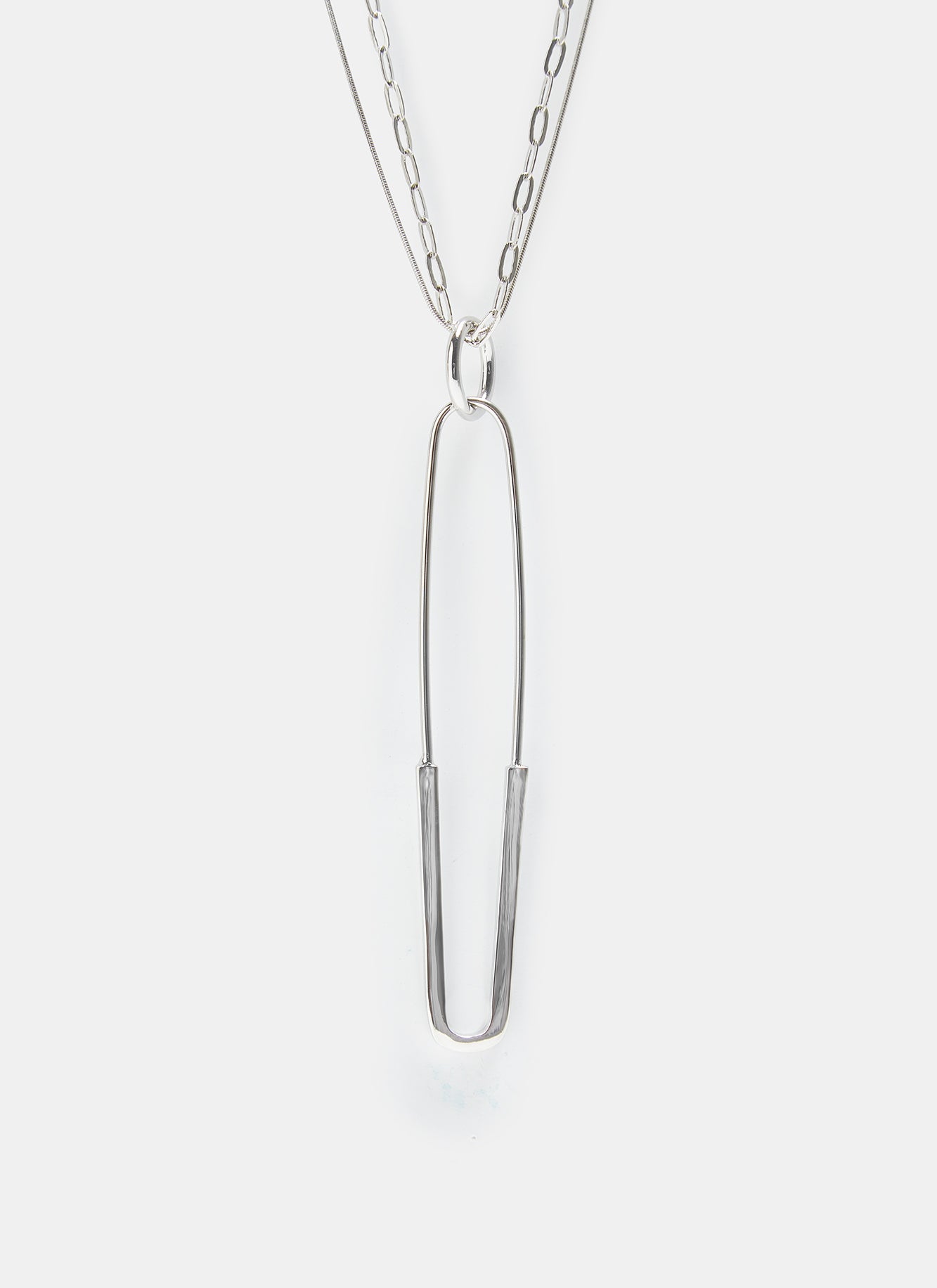 Silver Long Necklace With Safety Pin Pendant