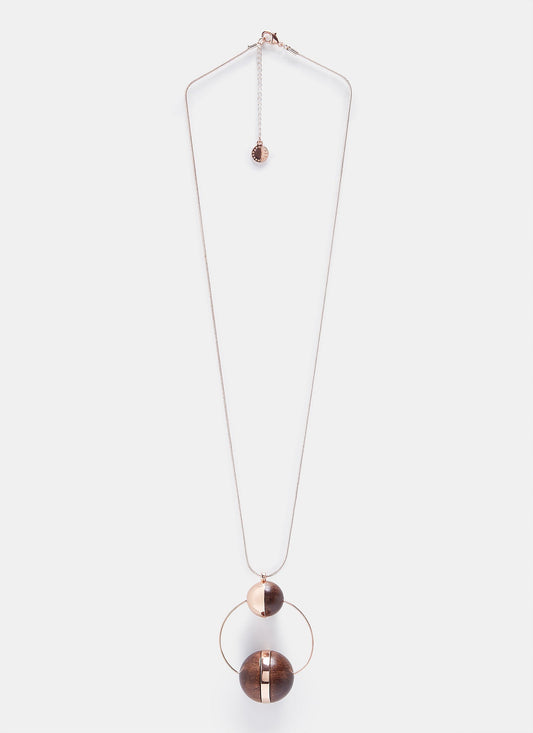 Gold Pink Long Necklace With Wooden Pendants