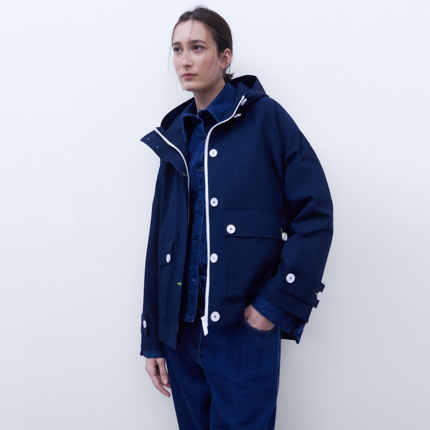 Navy Blue Cotton Hooded Parka