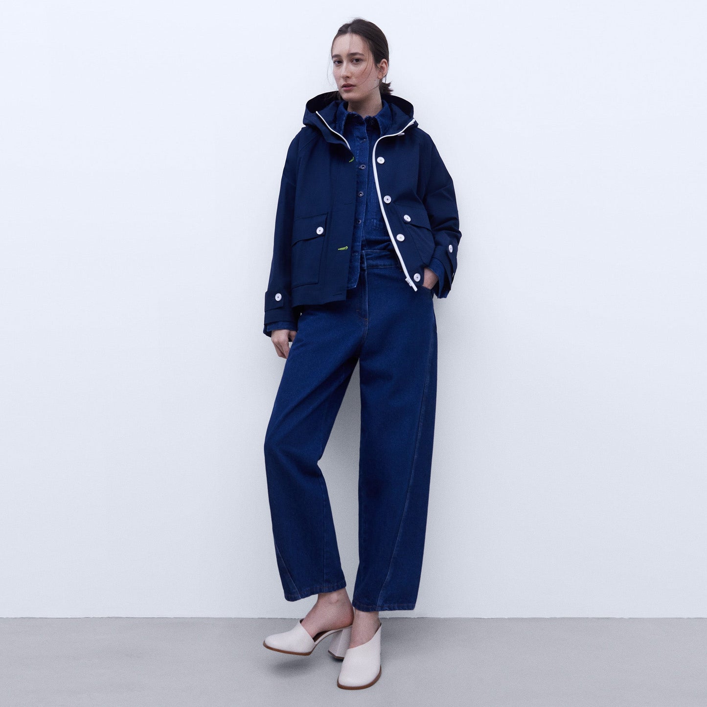 Navy Blue Cotton Hooded Parka