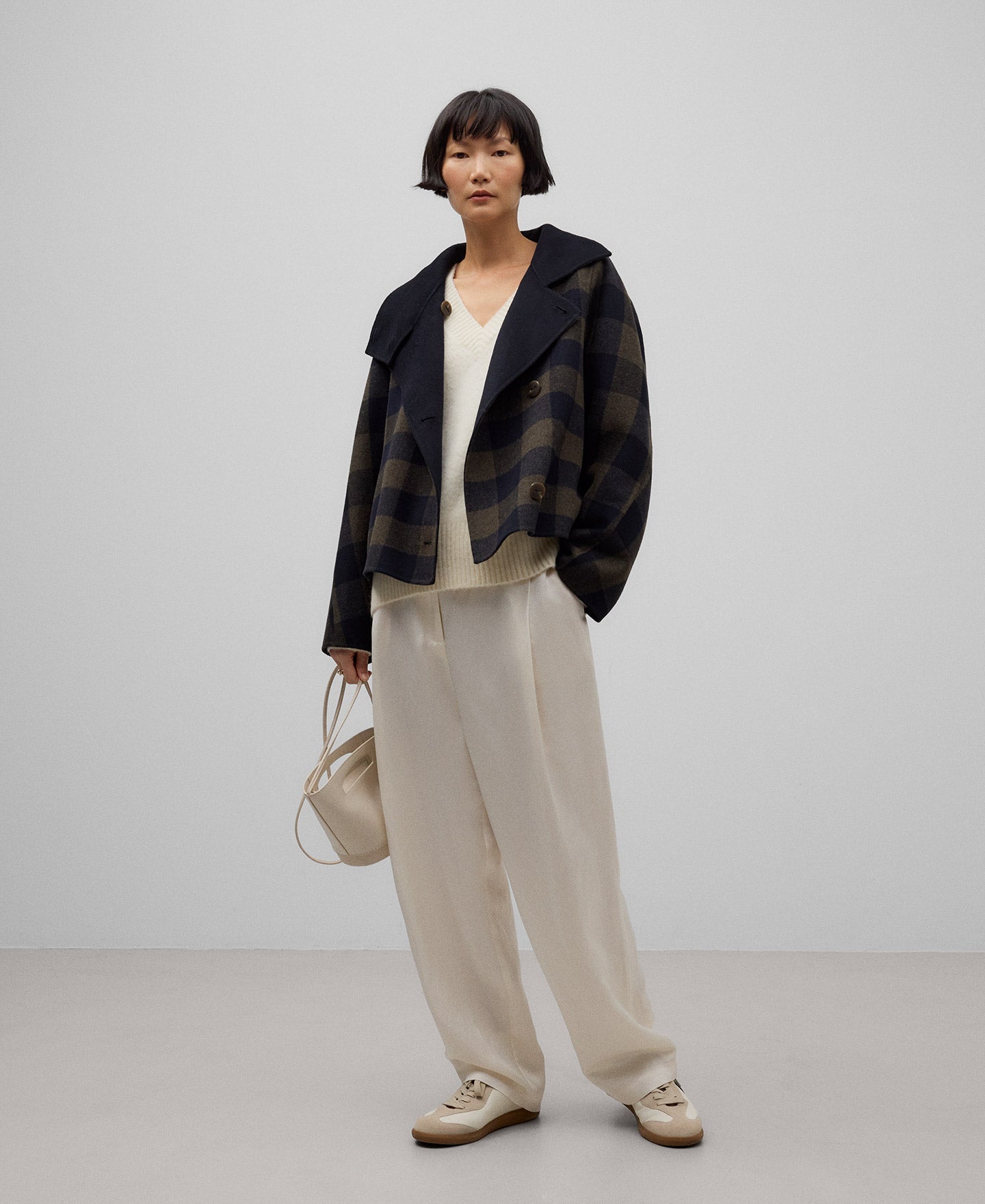 Double-faced checkered jacket woman in brown check