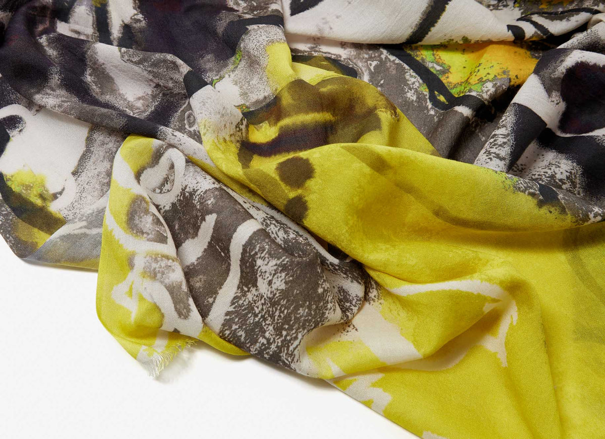 Yellow Modal Scarf With Japanese Print