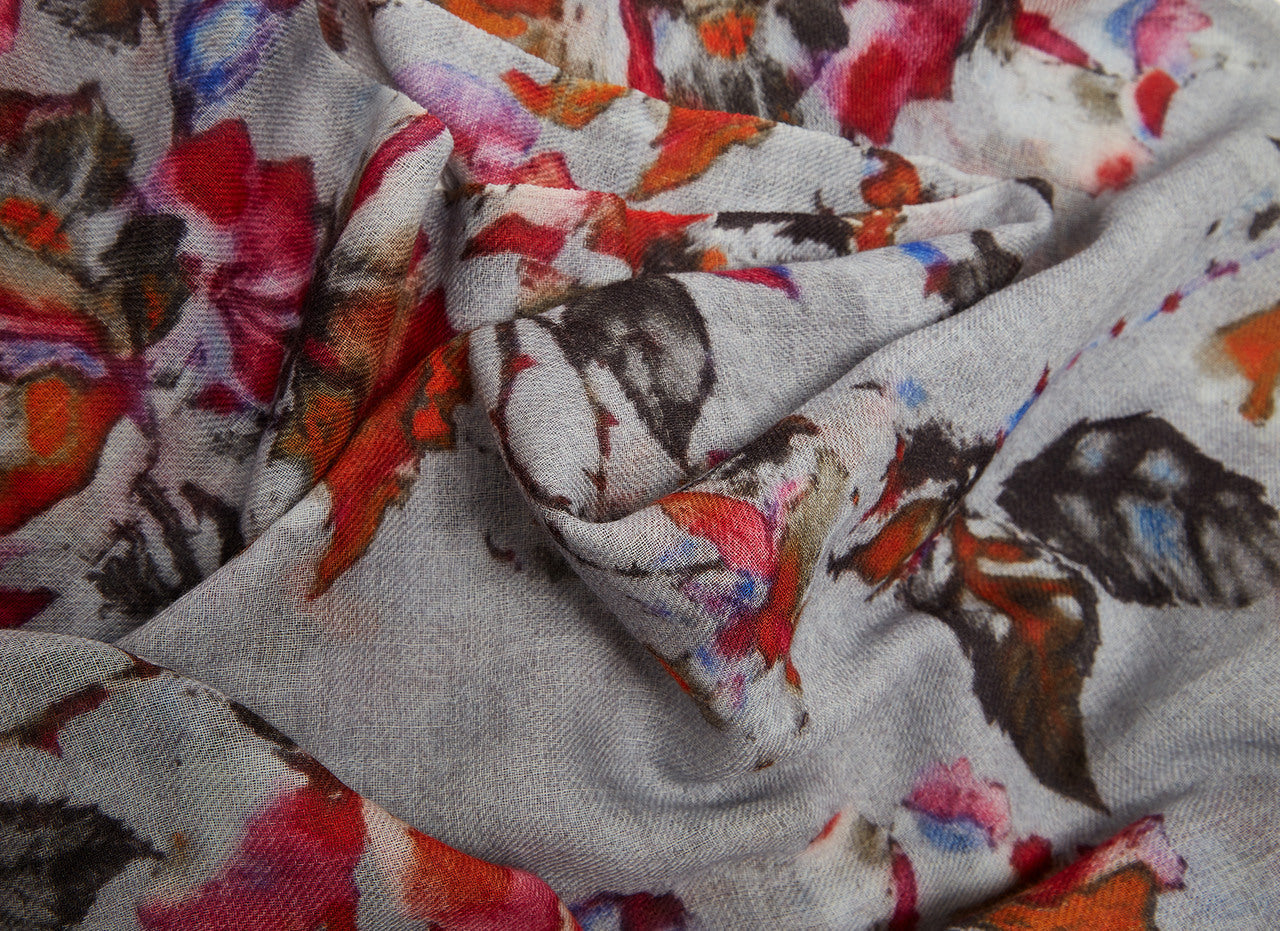 Grey Floral Print Merino Wool Scarf