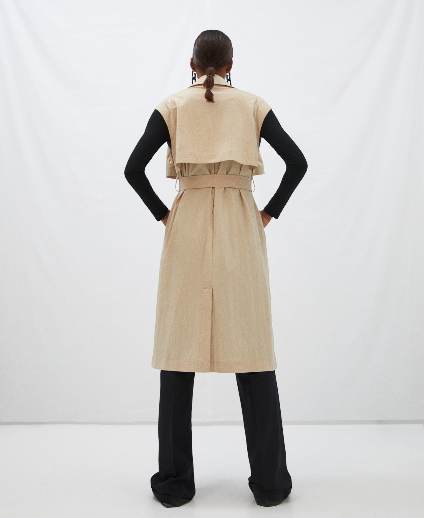 Sand Viscose And Nylon Sleeveless Trench Coat