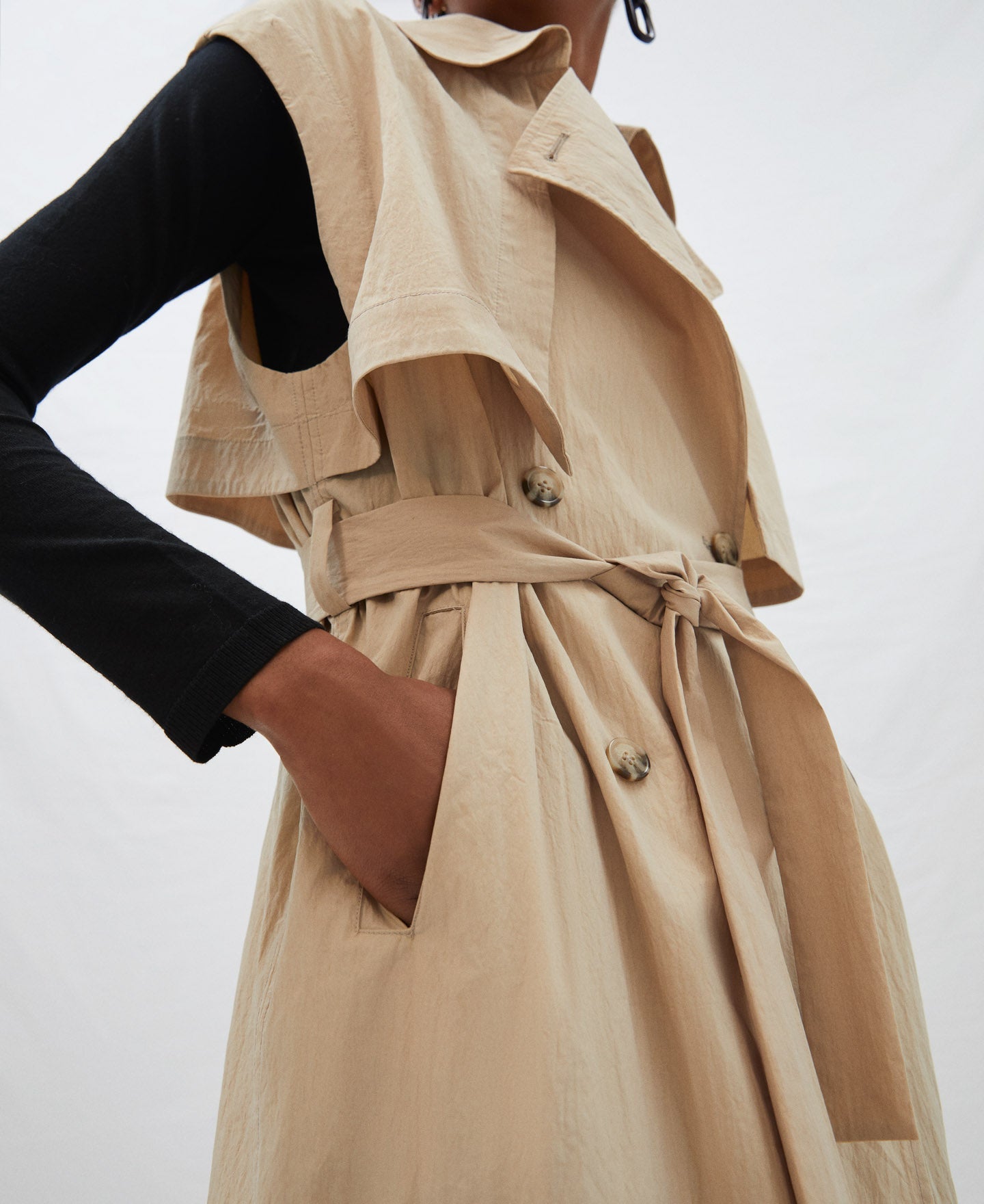 Sand Viscose And Nylon Sleeveless Trench Coat