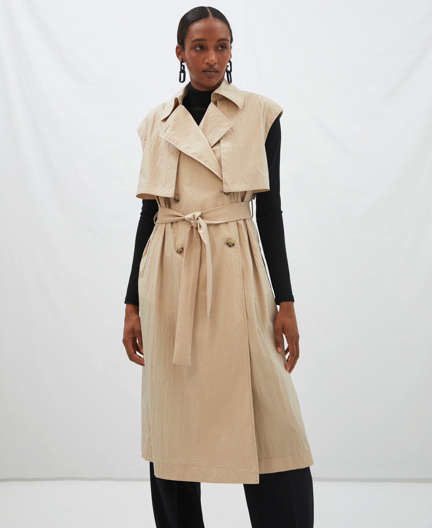 Sand Viscose And Nylon Sleeveless Trench Coat