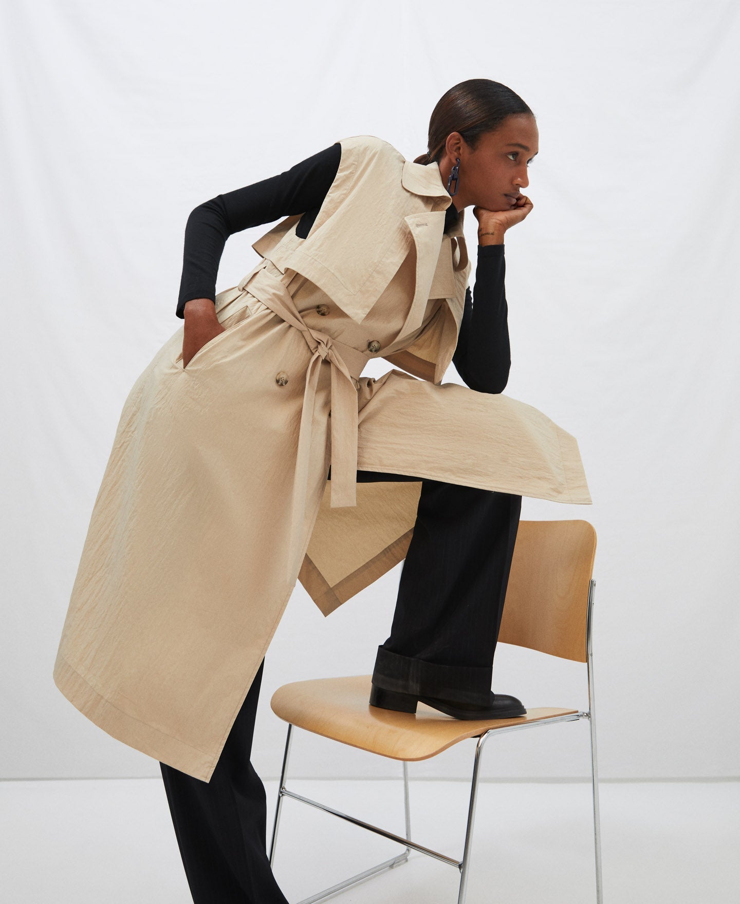 Sand Viscose And Nylon Sleeveless Trench Coat