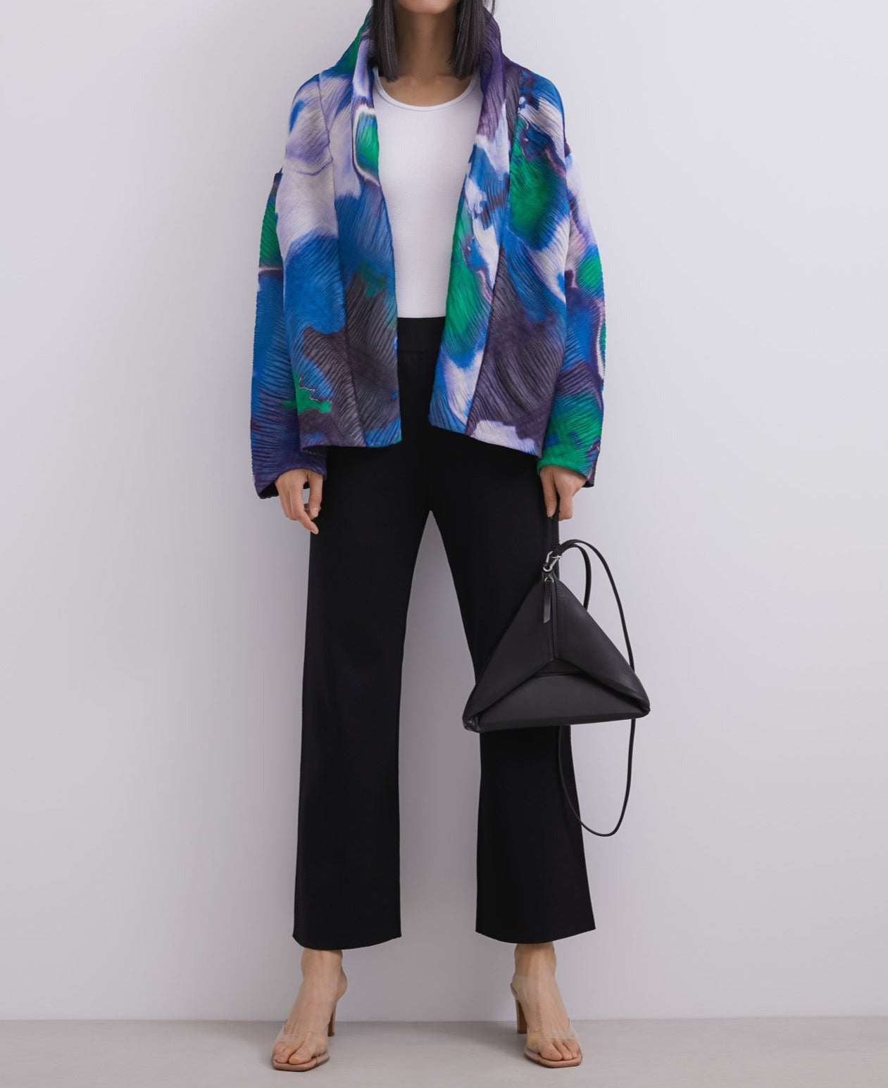Blue Print Wrap-Around Collar Jacket