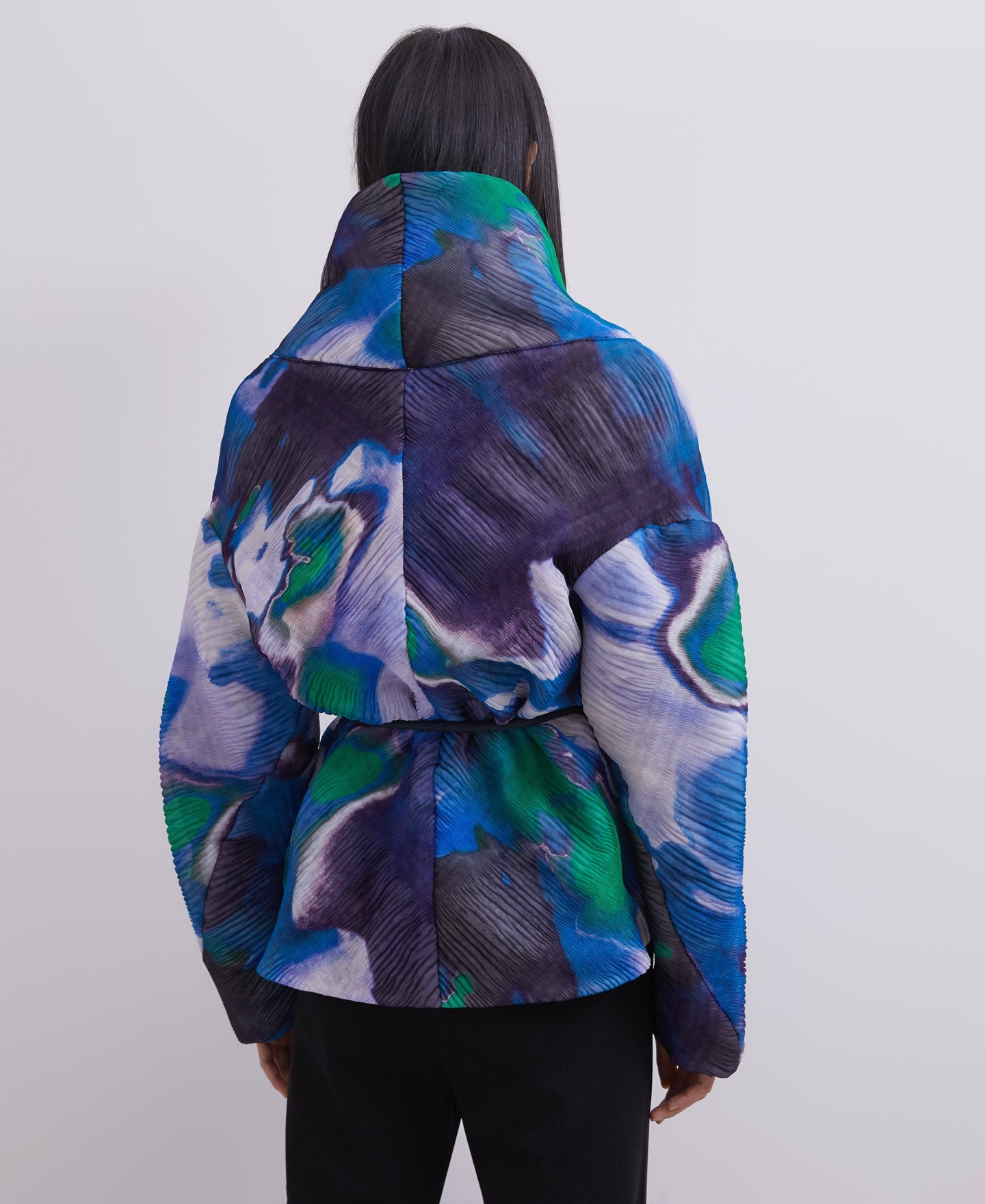 Blue Print Wrap-Around Collar Jacket