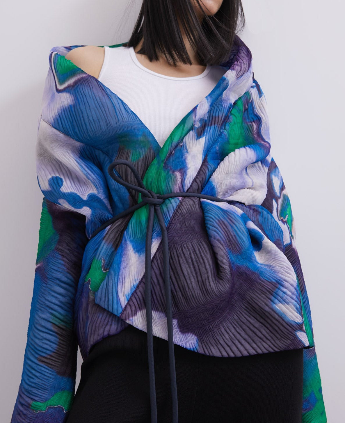 Blue Print Wrap-Around Collar Jacket