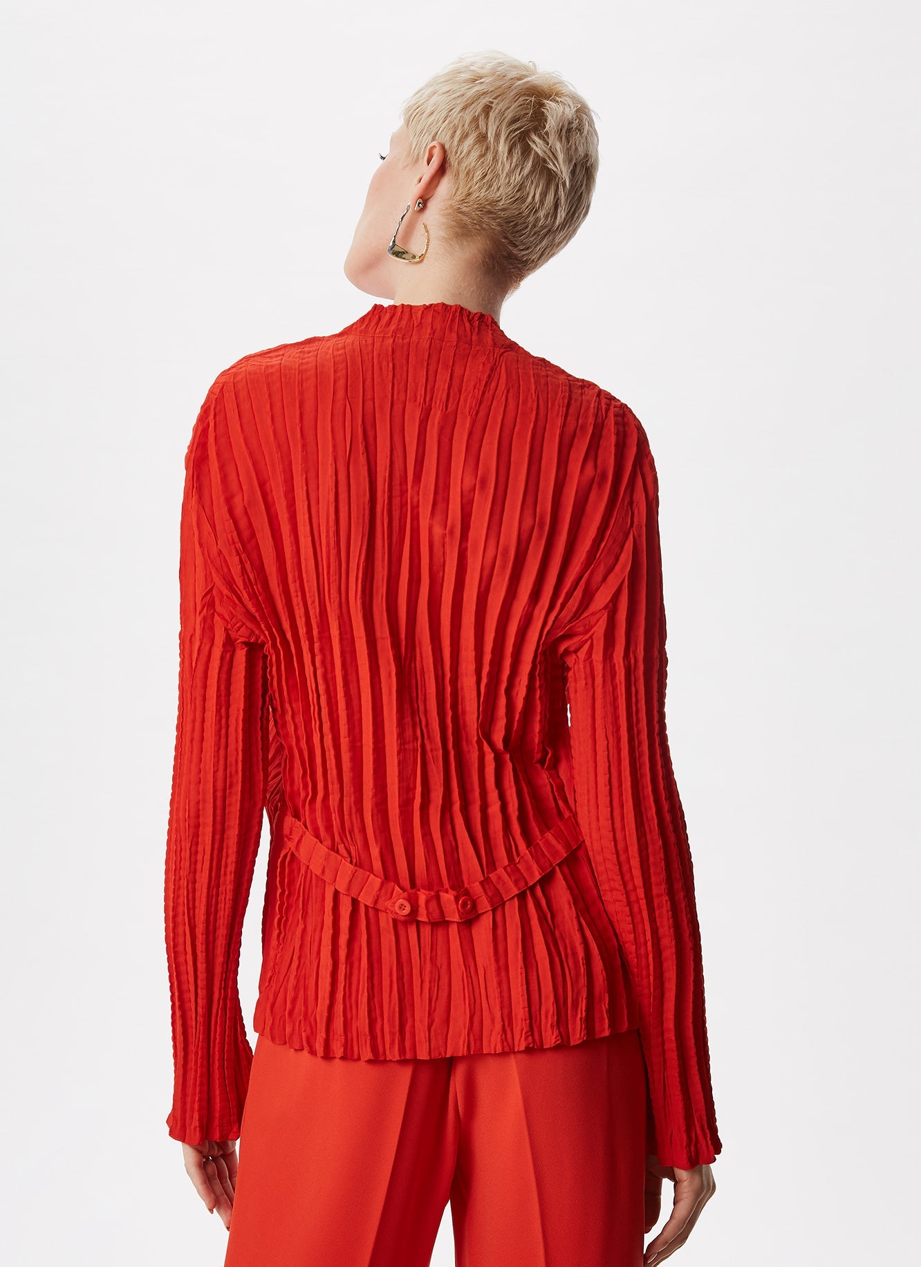 Red Crinkle Jacket With Raised Collar