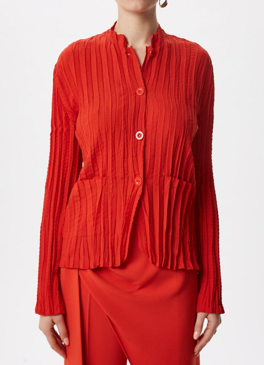 Red Crinkle Jacket With Raised Collar