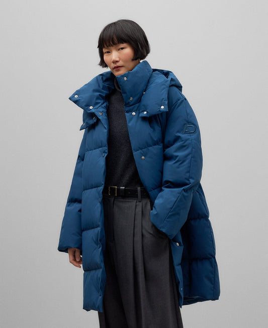 Long quilted jacket with hood woman in blue/green