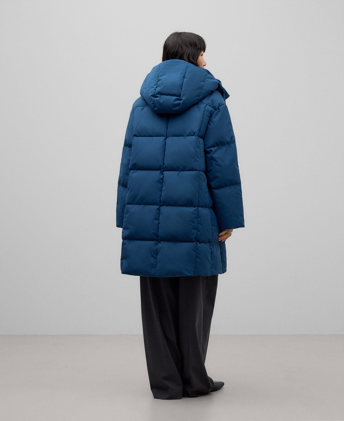 Long quilted jacket with hood woman in blue/green