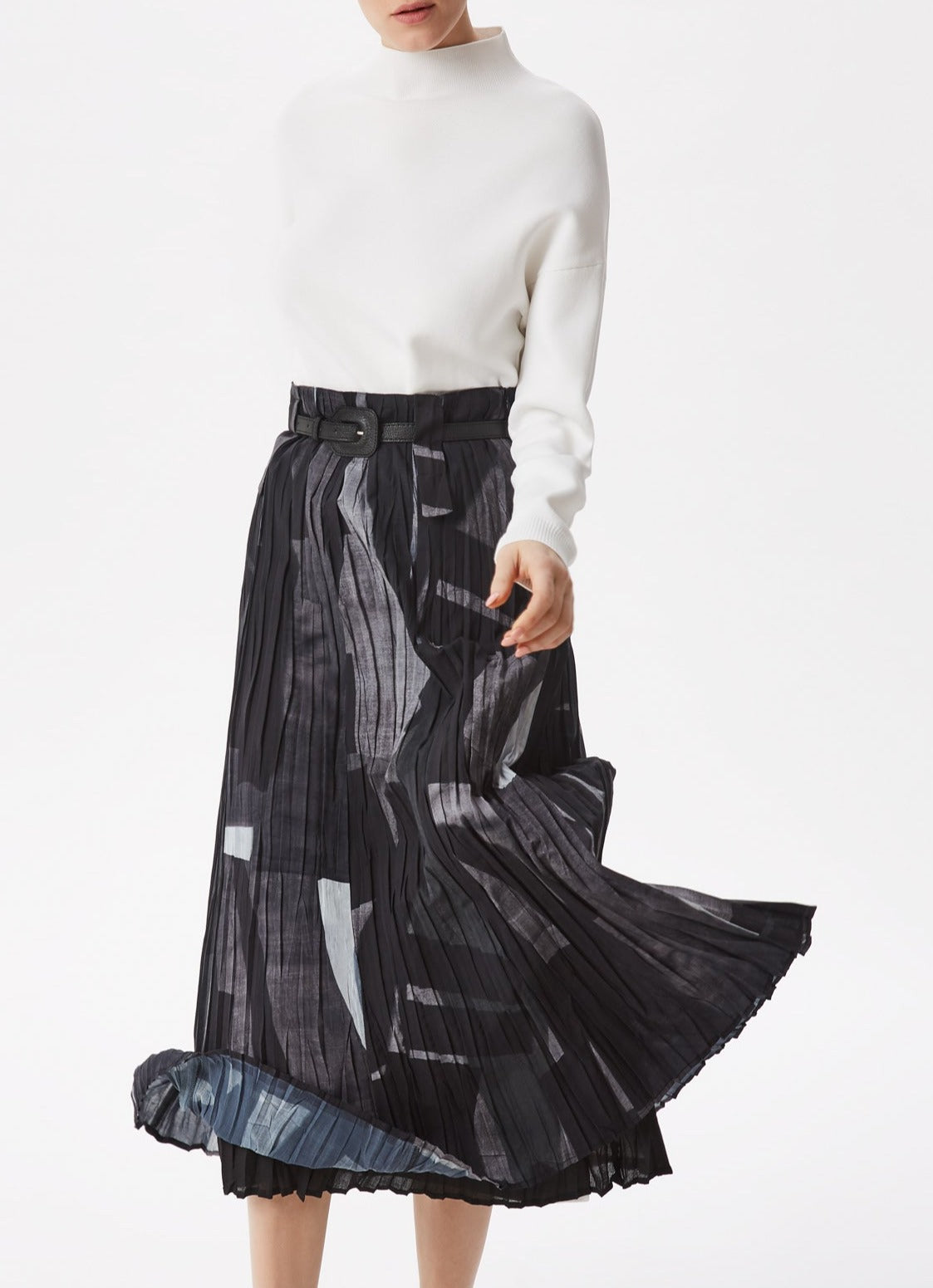 Grey Print Pleated And Printed Midi Skirt