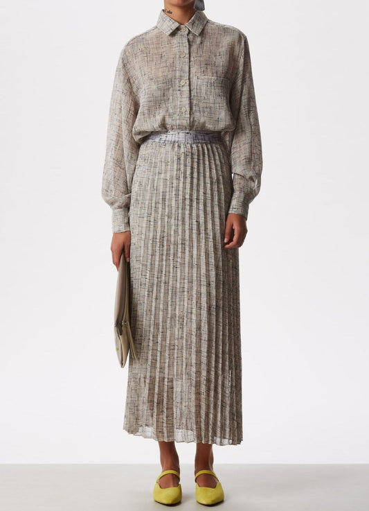 Grey Midi Pleated Skirt With Elastic Waist